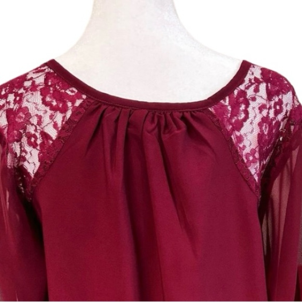 Maternity Burgundy Blouse 3/4 Sleeve with Lace Mesh Detail-Sz M - Picture 4 of 8